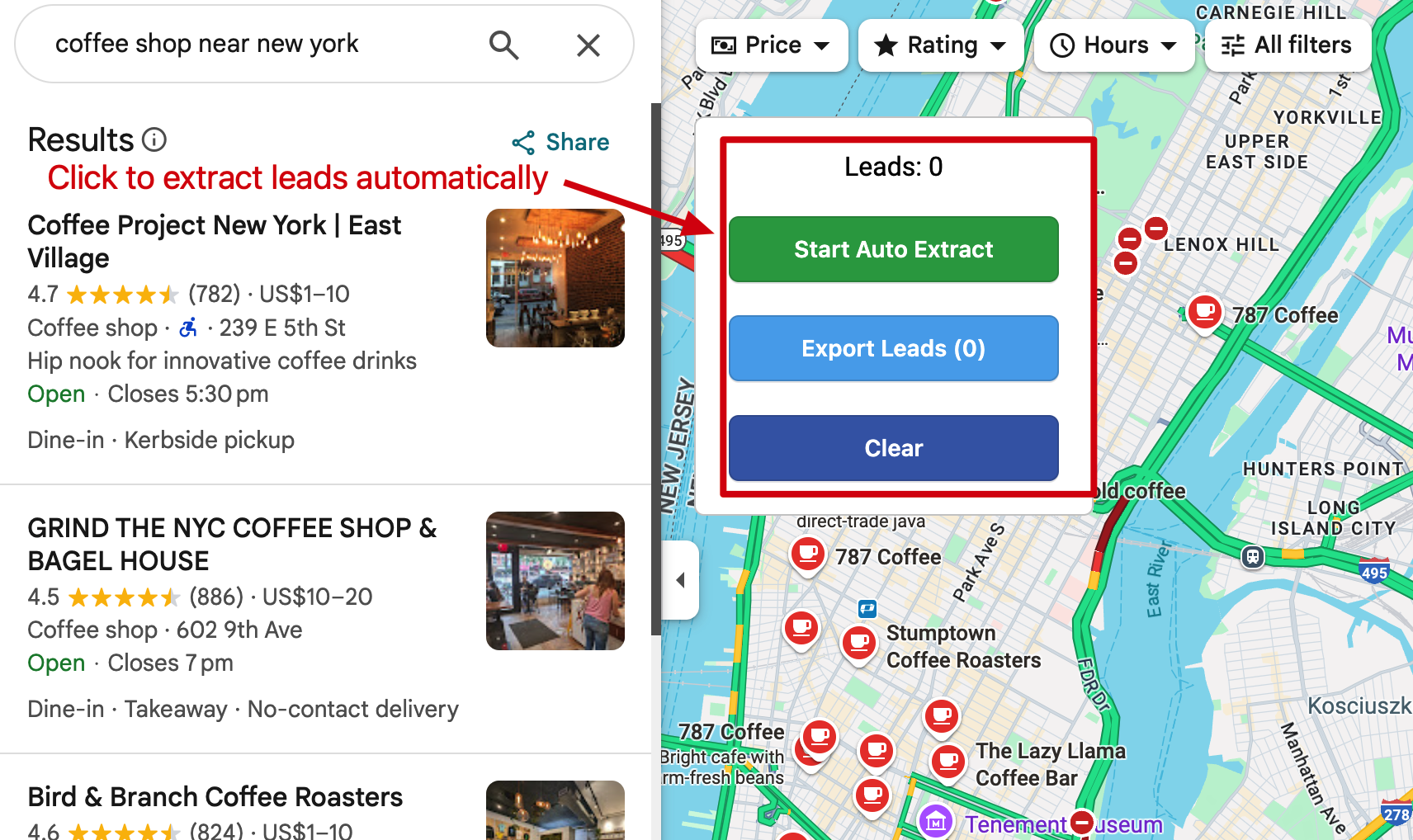 Google Maps Scraper extension panel screenshot